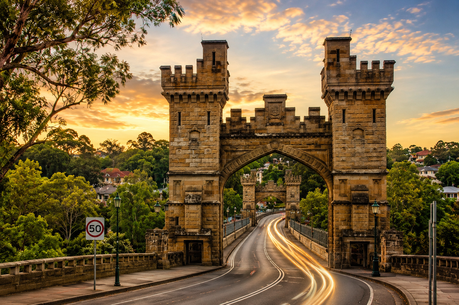 Landscape design in Northbridge NSW with landscaped greenery surrounding the historic Northbridge Suspension Bridge