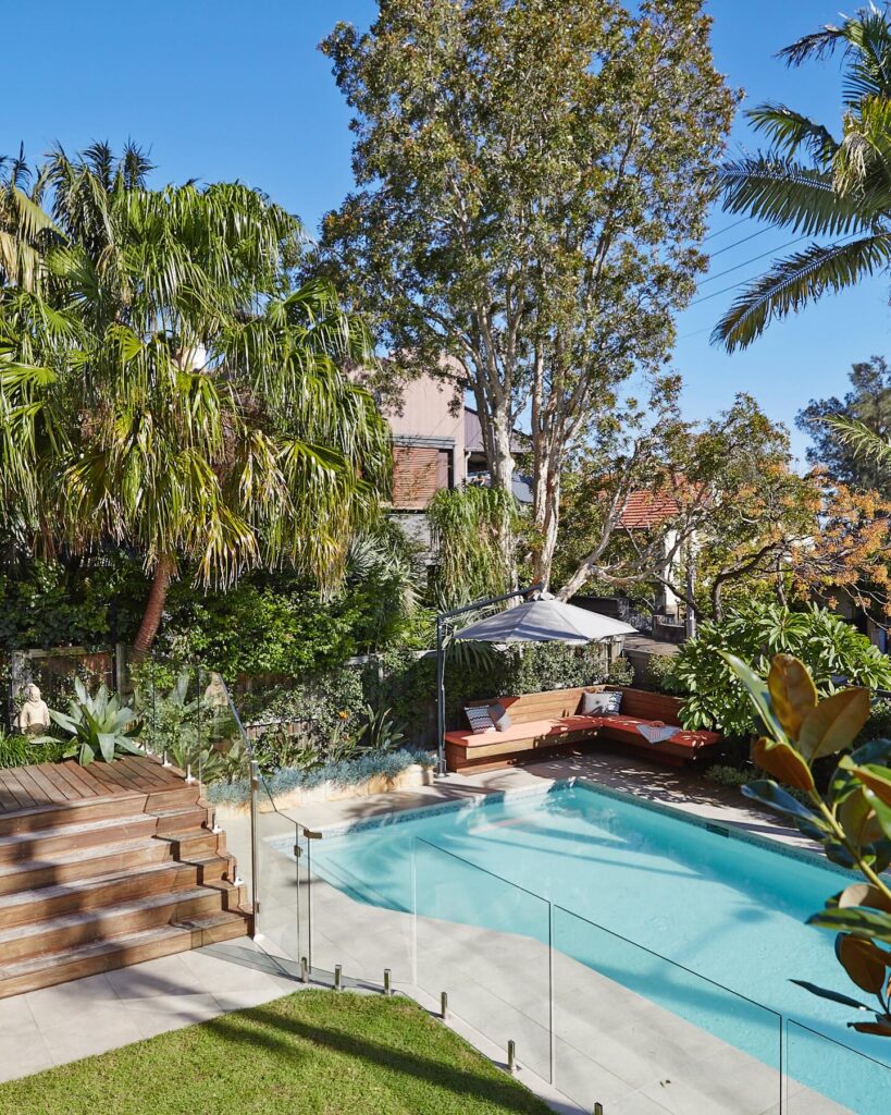 Renovated pool in Balmain Sydney by Think Outside Gardens blending soft landscape design and calm reflective water.