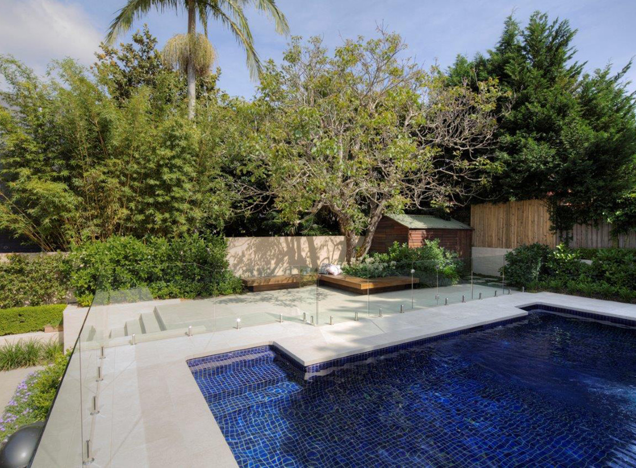 Gallery Image Luxury backyard pool, concrete deck, feature tree and glass pool fence