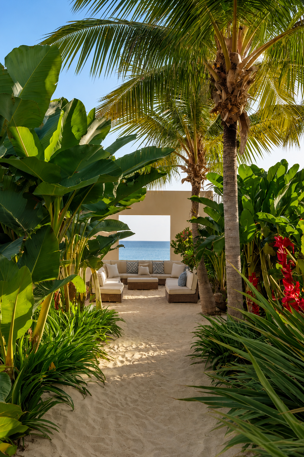 Tropical coastal garden pathway with palm trees and relaxing beachside seating area
