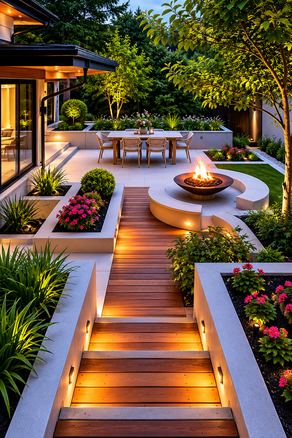Architectural garden featuring modern decking, built-in fire pit and ambient lighting.