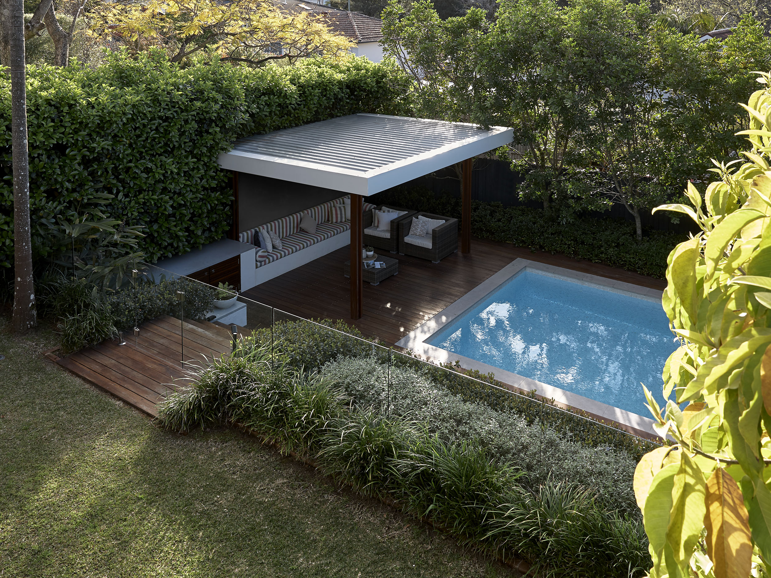 Landscape-designed backyard in Lane Cove with swimming pool, timber deck, covered entertaining area and lush garden planting.