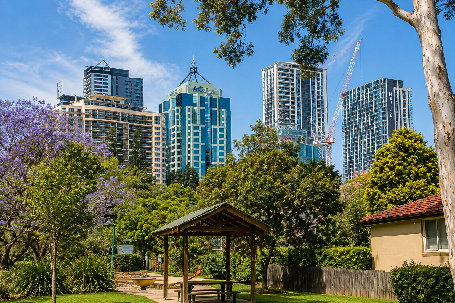 Landscape design Chatswood with lush green parkland and the Chatswood skyline in the background.