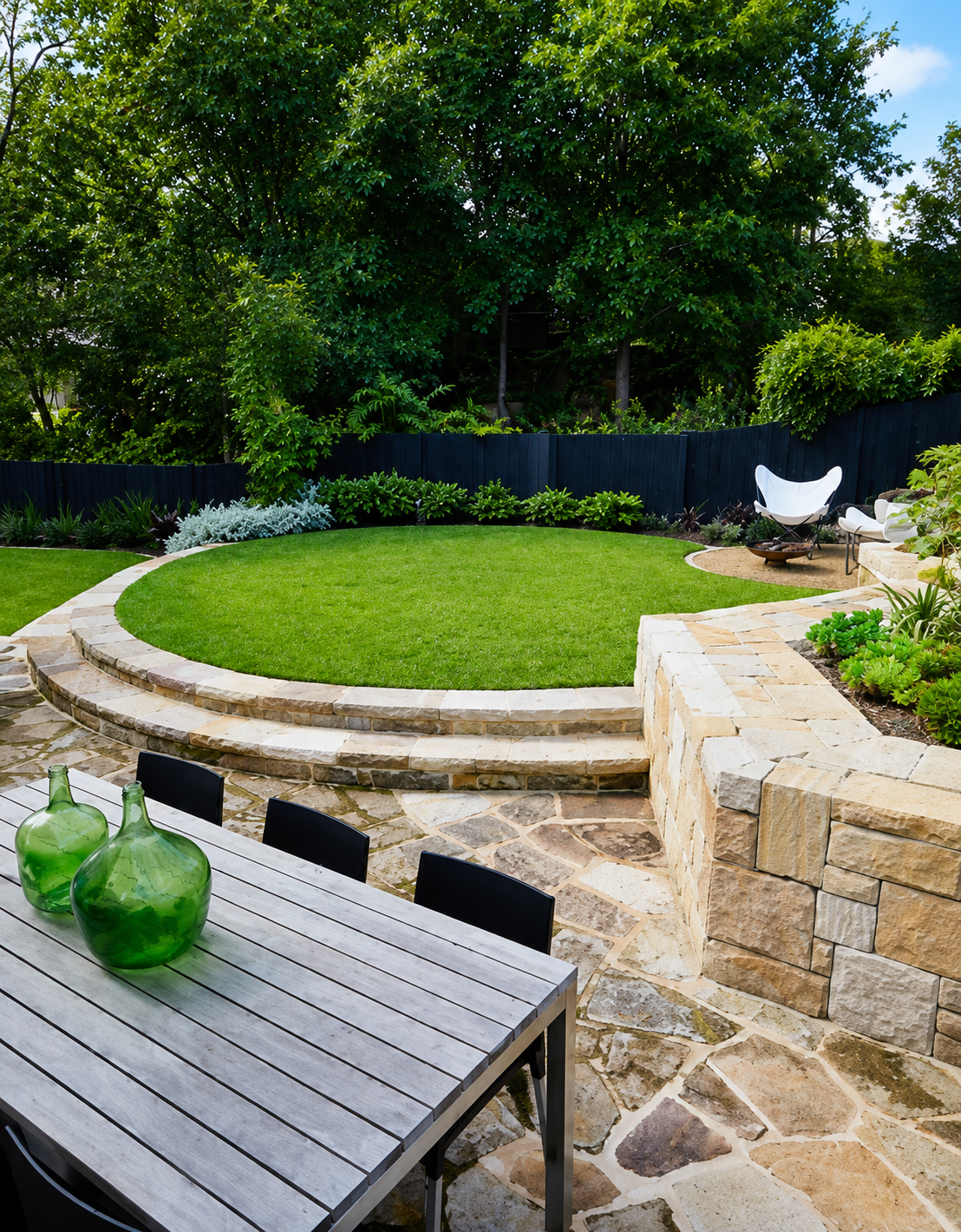 Landscape design in Wahroonga featuring a curved raised lawn edged with sandstone steps, a crazy paved dining terrace, a dry stone retaining wall with succulent planting, and a sunken fire pit seating area set against a leafy bushland backdrop.